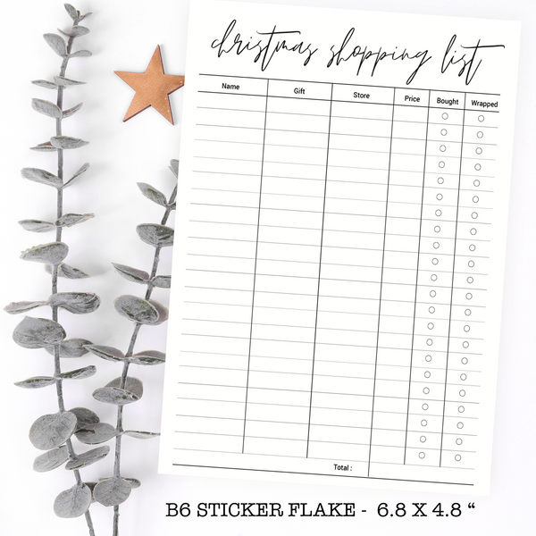 B611 | B6 Christmas Shopping List Full Page Sticker Flake