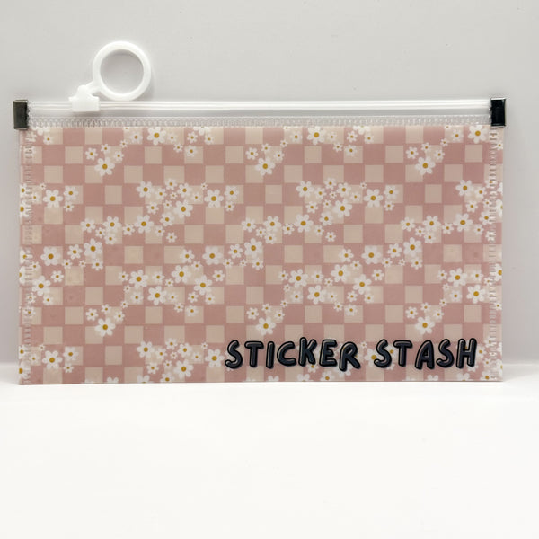 Pink Floral Checkered Sticker Stash Plastic Storage Pouch