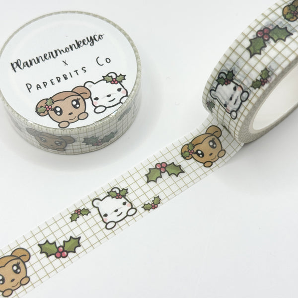 Holiday Holly Peeking Heads Grid Washi Tape | 15MM (PMC X PBC)