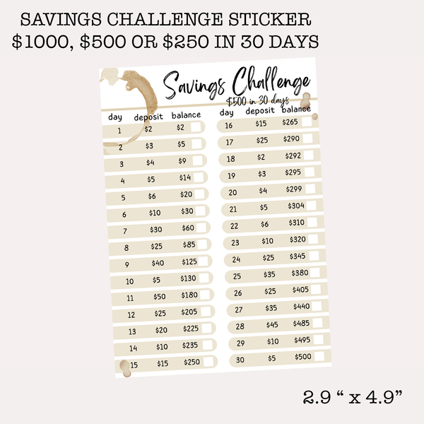 Monthly Savings Challenge Sticker Die Cut | $1000, $500 or $250 Options