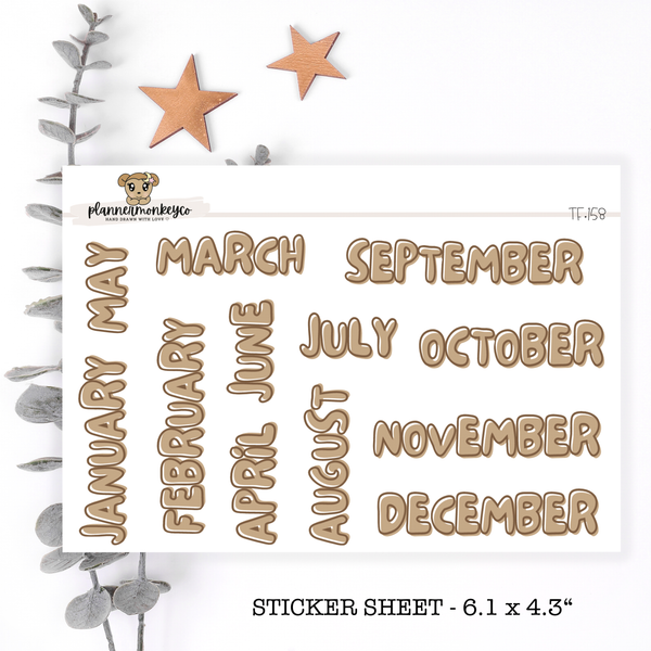 F139 |Coffee Brown Bubble Letter Month Stickers (Transparent)