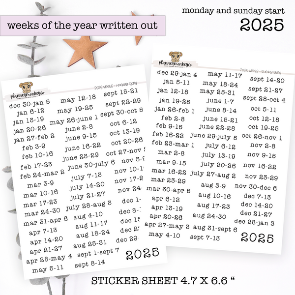 2025 Weeks Of The Year Typewriter Font (Monday or Sunday Start)