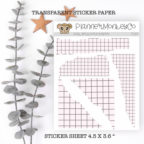 TF89 | " Pink Grid " Torn Paper Stickers (Transparent)