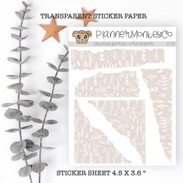 TF90 | " Neutral Floral "  Torn Paper Stickers (Transparent)