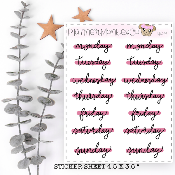 HS29 | Hot Pink days of the week script stickers