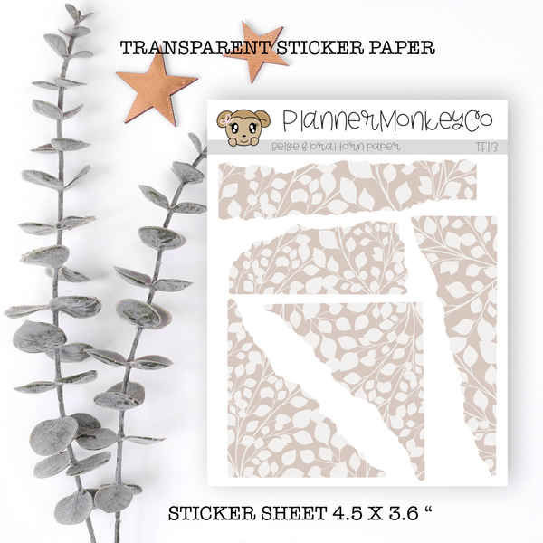 TF113 | " Beige Floral " Torn Paper Stickers (Transparent)