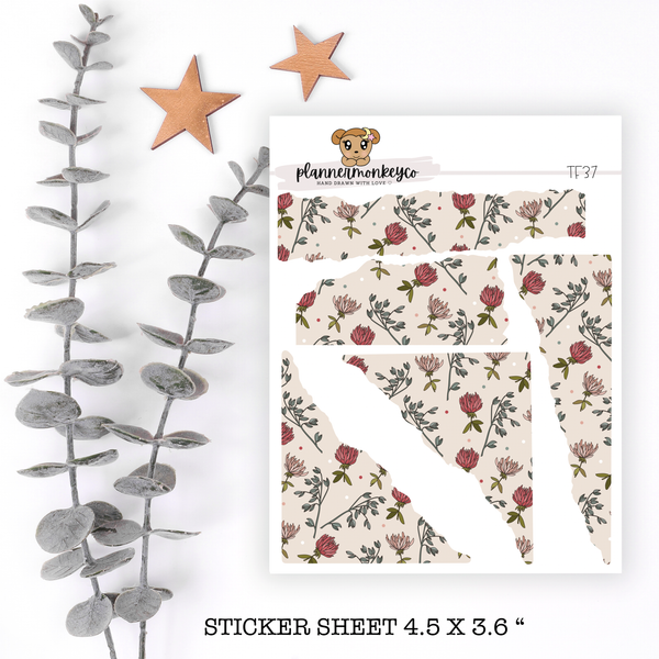 TF37 | " Retro Floral " Torn Deco Stickers (Transparent)